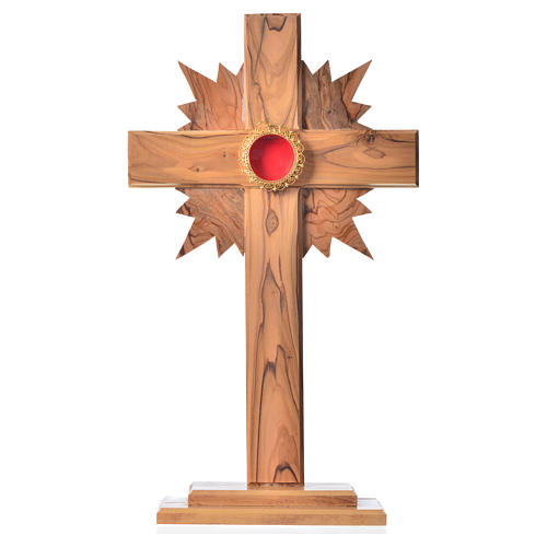 Monstrance in olive wood with rays, 29cm round golden 800 silver 1