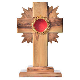 Monstrance in olive wood with rays, 15cm round golden 800 silver