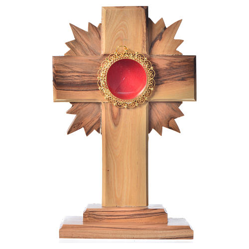 Monstrance in olive wood with rays, 15cm round golden 800 silver 1