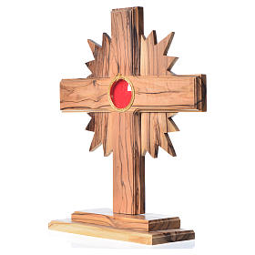 Monstrance in olive wood cross with rays, 20cm round 800 silver