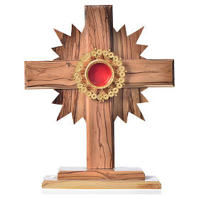Monstrance in olive wood cross with rays, 20cm round 800 silver