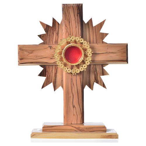 Monstrance in olive wood cross with rays, 20cm round 800 silver 1