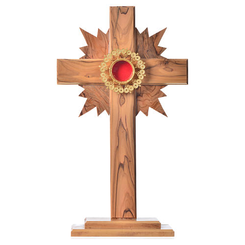 Relikwiarz drewno oliwne promienie krzyż 29 cm kustodium filigran srebra 800 1