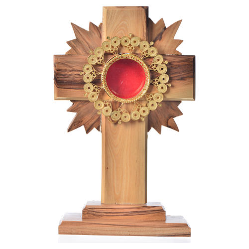 Monstrance in olive wood cross with rays, 15cm 800 silver filigr 1