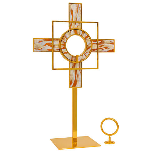 Monstrance with white enamelled rays and removable luna box 65 cm gold plated brass 3