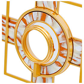 Custódia raios esmaltados branco e laranja com teca removível latão dourado 65 cm