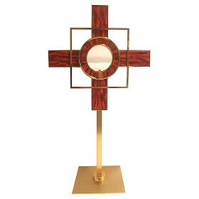 Monstrance with red enamel and geometric shapes 65 cm gold plated brass