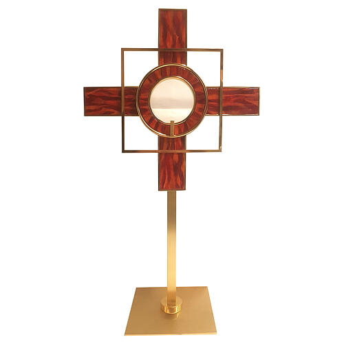 Monstrance with red enamel and geometric shapes 65 cm gold plated brass 1