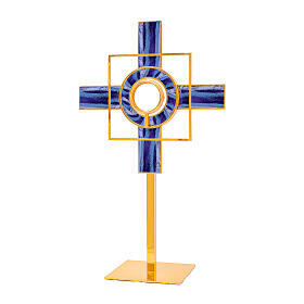 Monstrance with blue rays, geometric shapes, gold plated brass, 25 in