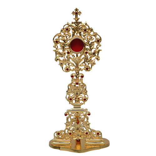 Reliquiario ottone fuso dorato h 42 cm pietre rosse 1