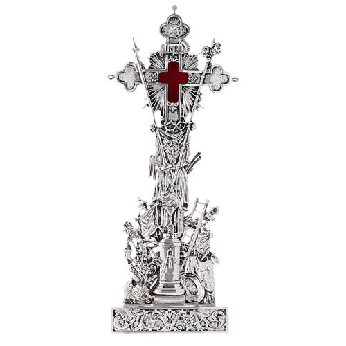 Relikwiarz Święty Krzyż odlew mosiądzu srebrny z podstawą 1