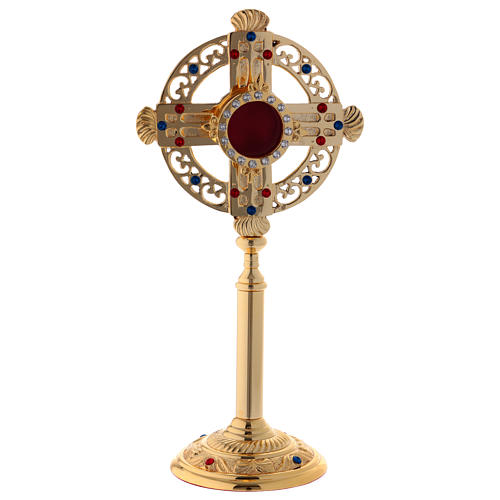 Reliquiar vergoldeten Messing Kreuz Form mit Kristallen 26cm 1