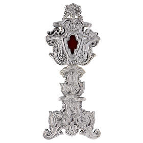 Silver-plated metallic reliquary with cross shaped window h 15 3/4 in