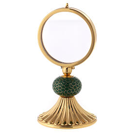 Brass monstrance with green enamelled node, 6 in