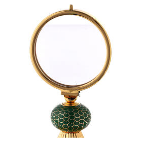 Brass monstrance with green enamelled node, 6 in