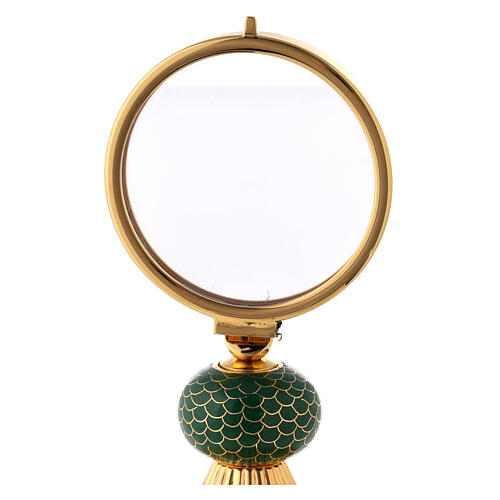 Brass monstrance with green enamelled node, 6 in 2