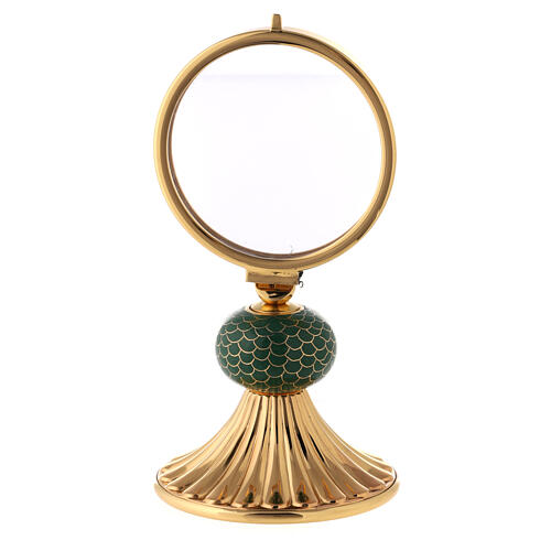 Brass monstrance with green enamelled node, 6 in 4