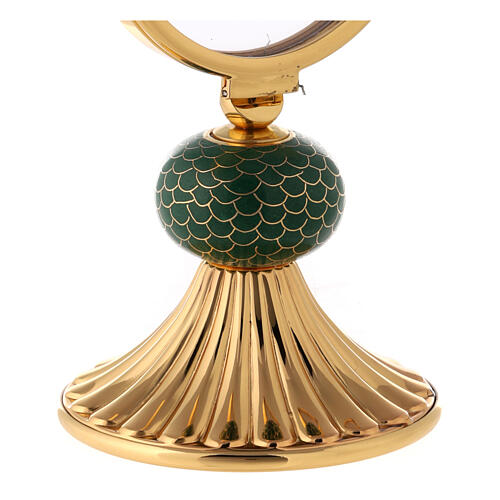Brass monstrance with large luna case with green enamel knot 15 cm 3