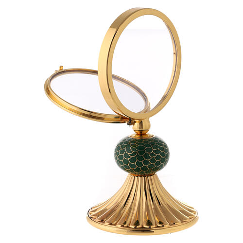 Brass monstrance with large luna case with green enamel knot 15 cm 5