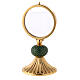 Brass monstrance with large luna case with green enamel knot 15 cm s1