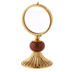 Brass monstrance with large luna and red enamel knot 15 cm