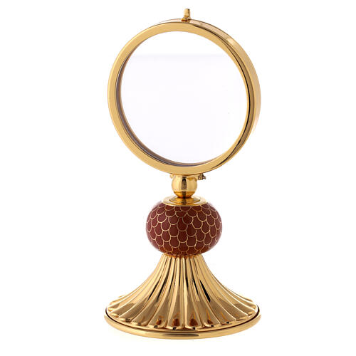 Brass monstrance with large luna and red enamel knot 15 cm 1