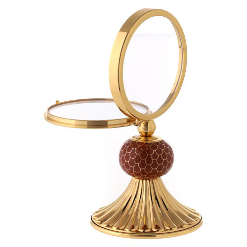 Brass monstrance with large luna and red enamel knot 15 cm 4