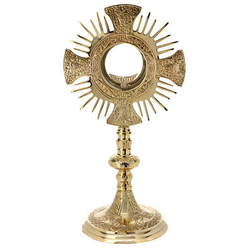 Gold plated brass monstrance with cross and rays, Baroque decoration, h 16 in 1