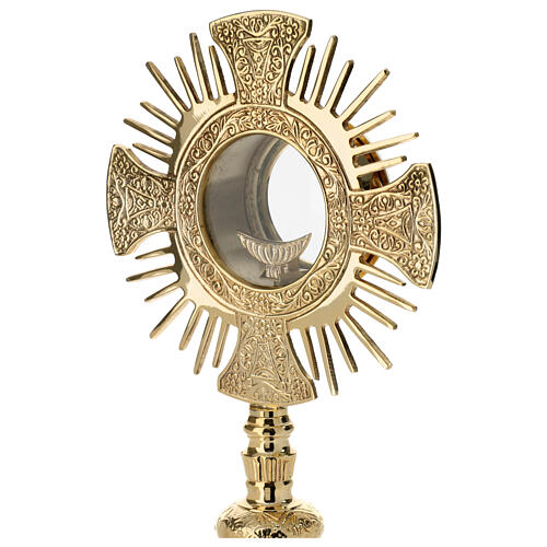 Gold plated brass monstrance with cross and rays, Baroque decoration, h 16 in 2