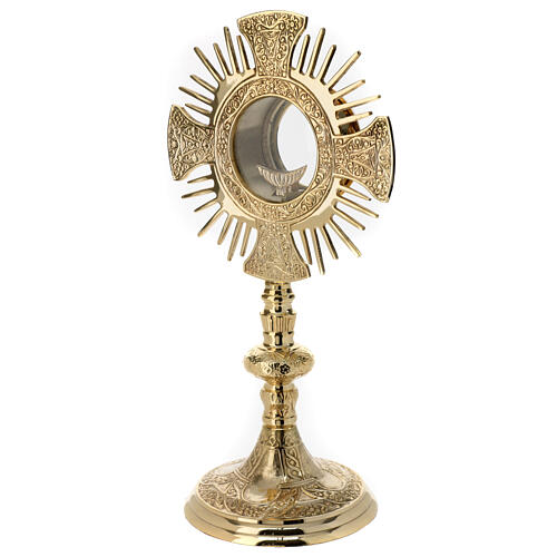Gold plated brass monstrance with cross and rays, Baroque decoration, h 16 in 3