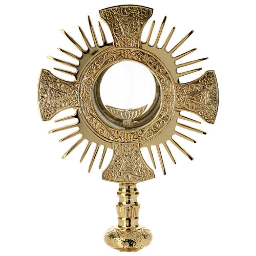 Gold plated brass monstrance with cross and rays, Baroque decoration, h 16 in 4