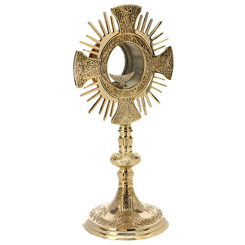 Gold plated brass monstrance with cross and rays, Baroque decoration, h 16 in 6
