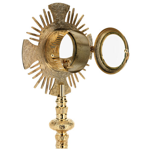 Gold plated brass monstrance with cross and rays, Baroque decoration, h 16 in 8