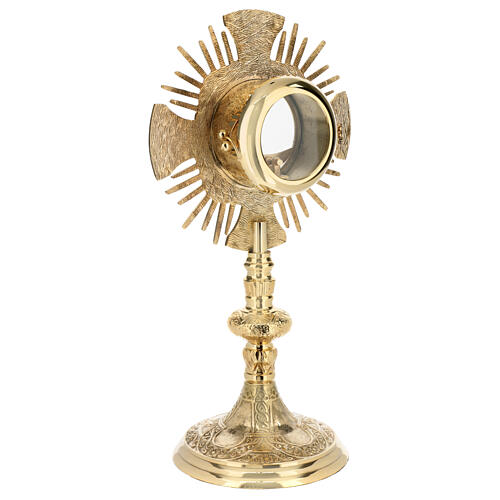 Gold plated brass monstrance with cross and rays, Baroque decoration, h 16 in 9