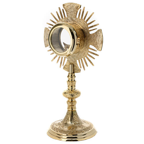 Gold plated brass monstrance with cross and rays, Baroque decoration, h 16 in 10