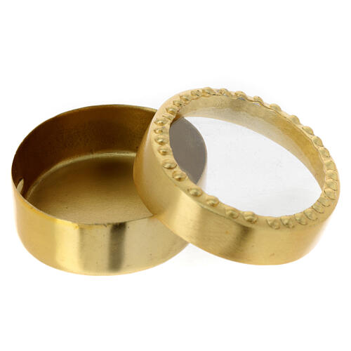 Wandreliquiar oval aus goldfarbenem Messing mit Perlendekor – Höhe 6 cm 2