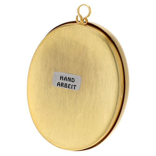 Wandreliquiar oval aus goldfarbenem Messing mit Perlendekor – Höhe 10 cm 3