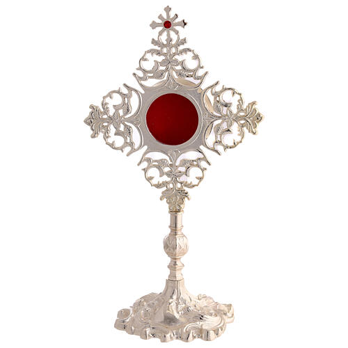 Reliquaire rayons décorés croix zircon rouge laiton argenté 30 cm 1