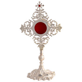 Silver-plated brass reliquary with ornate radial design and red zircon cross 30 cm