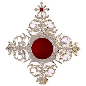Silver-plated brass reliquary with ornate radial design and red zircon cross 30 cm