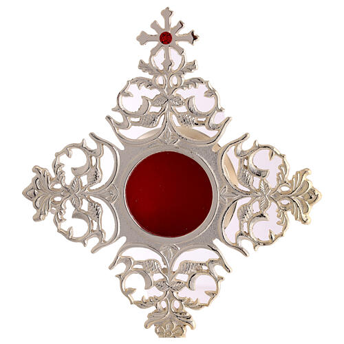 Silver-plated brass reliquary with ornate radial design and red zircon cross 30 cm 2