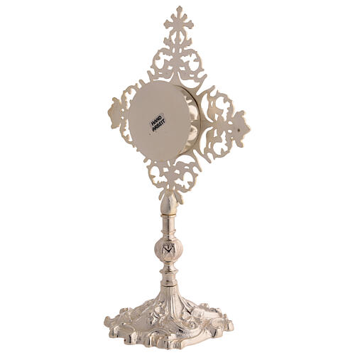 Silver-plated brass reliquary with ornate radial design and red zircon cross 30 cm 5