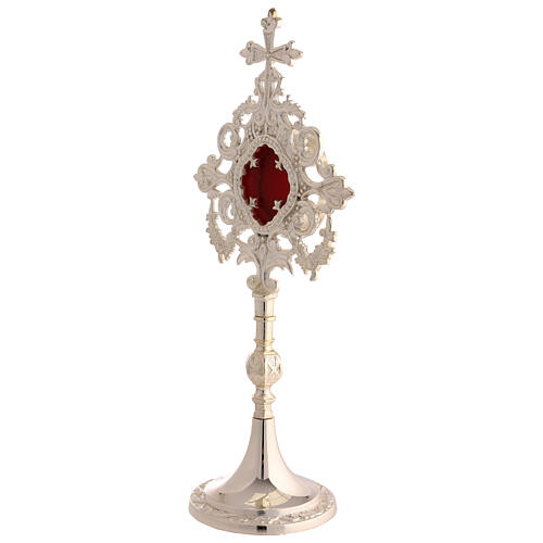 Reliquary with arabesque rays and cross, silver-plated brass, 12 in 3