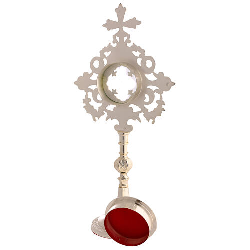 Reliquary with arabesque rays and cross, silver-plated brass, 12 in 5