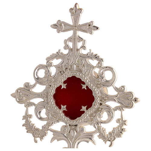 Silver-plated brass reliquary with arabesque rays cross, 32 cm 2