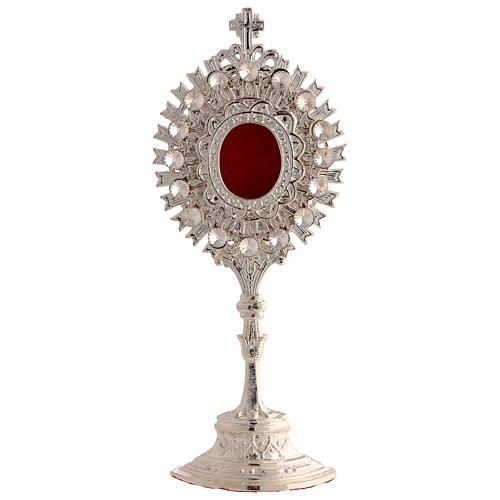 Reliquiar aus silberfarbenem Messing mit weißen Schmucksteinen und Strahlenkranz – Höhe 20 cm 1
