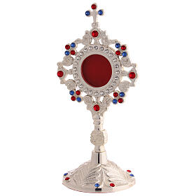 Reliquiar aus silberfarbenem Messing mit farbigen Schmucksteinen und Strahlenkranz – Höhe 20 cm