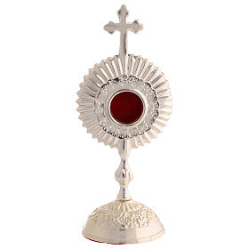 Antique silver-plated brass reliquary with radial design and top cross, h 7 in