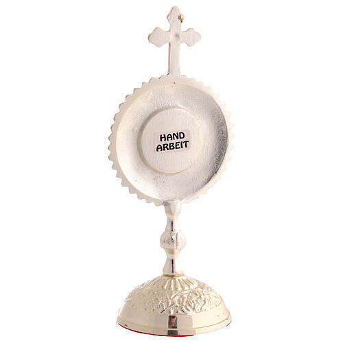 Antique silver-plated brass reliquary with radial design and top cross, h 7 in 4