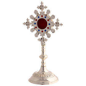 Silver-plated brass reliquary with shells, coloured stones, h 10 in